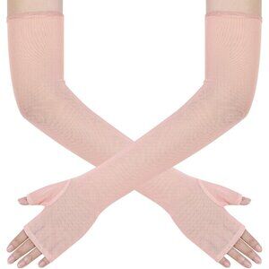 Women's Long Blush Tulle Sheer Satin Gloves Elbow Length Wedding Party Costume